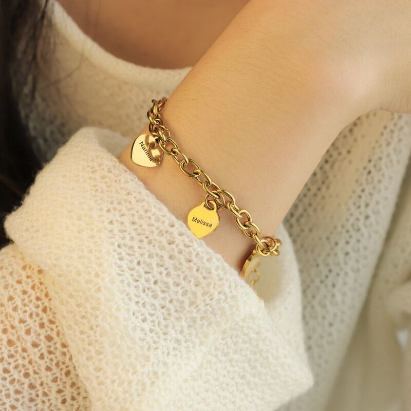 MYLONGINGHCHARM Customize Women Hearts Bracelet with Names Stainless steel heart bracelet