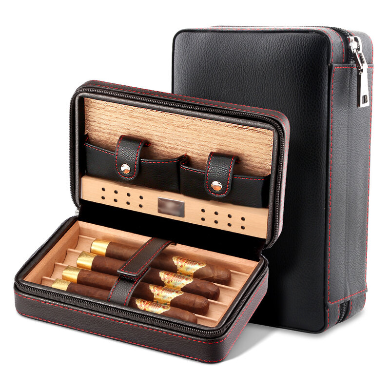 Galiner Sigaar Humidor Case Luxe Cederhout Lederen Travel Humidor Luchtbevochtiger Set Gift Box (Zonder Aansteker Cutter)
