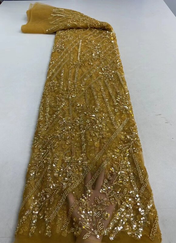 2023 luxo elegante artesanal bordado seqüência frisado rendas de alta qualidade áfrica francês tule lantejoulas tecido renda costura qf0369