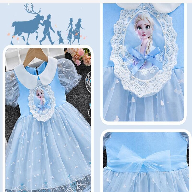 Desenhos animados de bebês Frozen Elsa Short Sleeve Mesh Dress, Tops do pijama infantil, roupas infantis, Princess Party, vestidos de casamento, verão