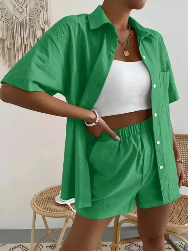 Cotone lino due pezzi Set donna estate Casual Joggers camicia Top pantaloncini da vacanza Set Suit Beach 2022 abiti tuta abbinata