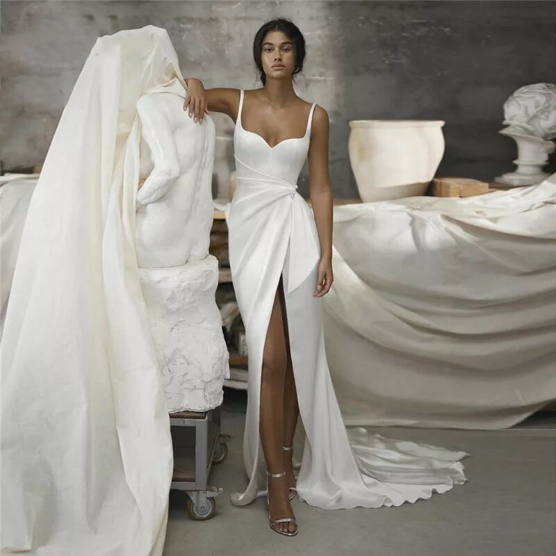 Syrenka proste suknie ślubne dla kobiet 2024 bez pleców rozcięcia po bokach satynowe Boho suknia dla panny młodej Boho suknie ślubne Vestidos De Noiva