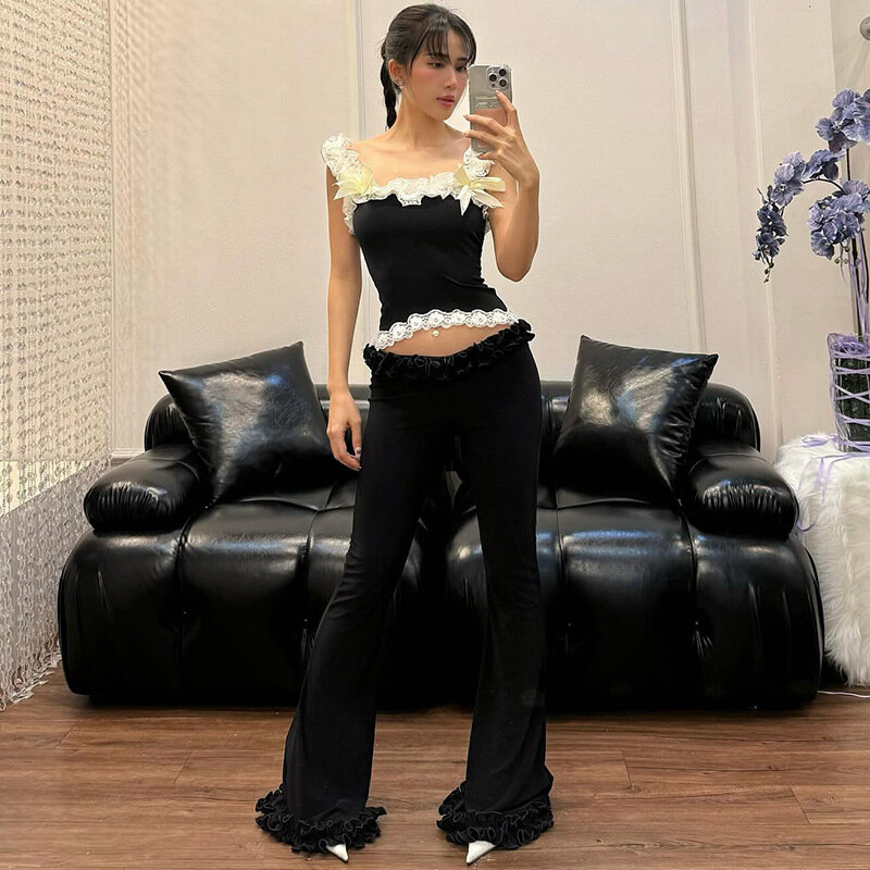 TARUXY Ruffled Lace High Elasticity Trousers For Women New Slim Fit Low-waist Navel-Baring Summer Hot Girl Solid Patchwork Pants