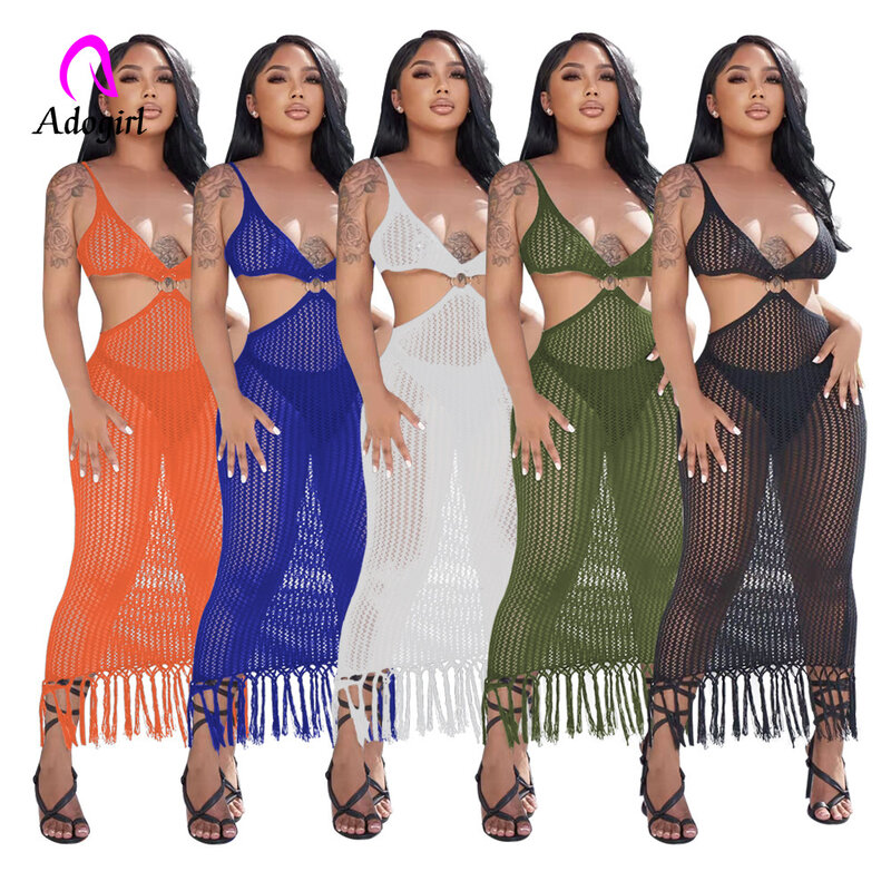 Knitted Fishnet Women Long Maxi Dress Sexy Hollow Out Bikini Cover-ups Solid Tassel 2022 Summer Holiday Beach Bathing Vestidos