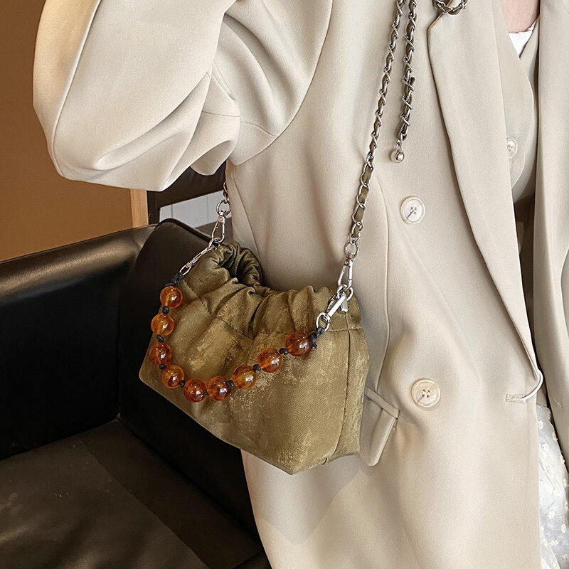 حقائب كتف من الجلد الصناعي مطرزة بالخرز على الجانب الأيسر للنساء ، حقيبة يد بسيطة من Y2K ، محفظة كروس صغيرة ، موضة كورية ،