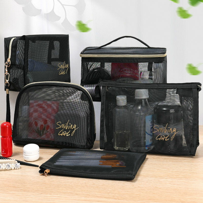 블랙 메쉬 메이크업 가방, 여성 소녀 화장품 가방, 여행용 휴대용 워시 립스틱, 세면 용품, 위생 냅킨 보관 가방