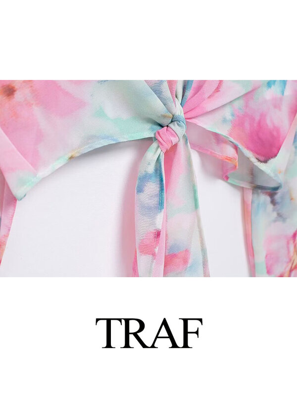 TRAF-Blusa feminina de gola virada para baixo, camisas casuais, mangas compridas, laço, peito único, moda boêmia feminina, verão, nova