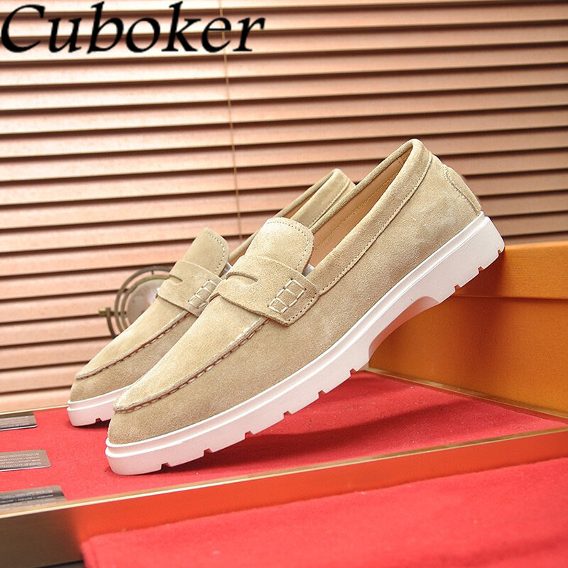 2024 Summer Round Toe Suede Flat Loafers Shoes For Men Thick Sole Slip-on Lazy Shoes Outside Causal Driving Walking Shoes Male