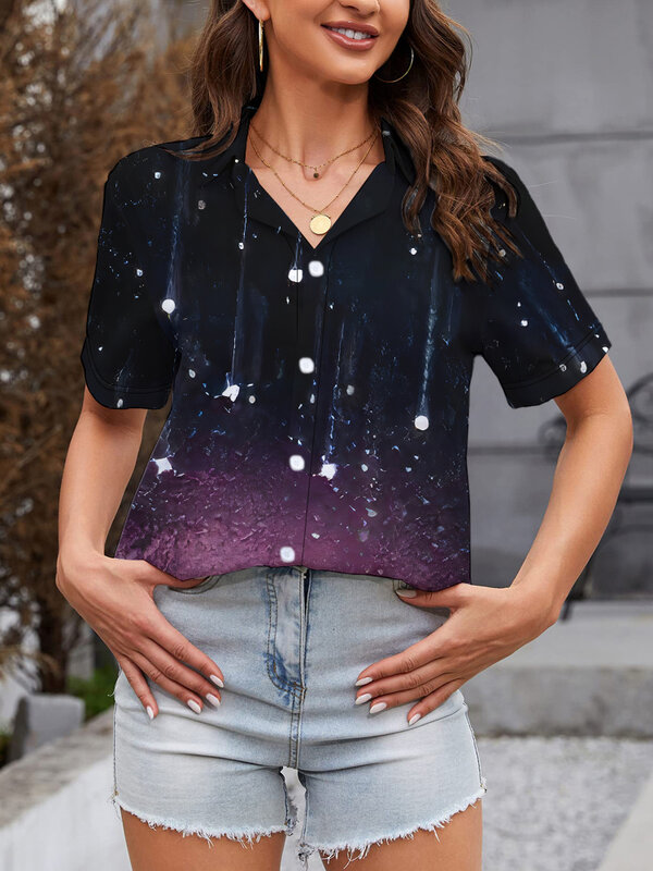 Camicia a maniche corte con risvolto da donna semplice e personalizzata estiva camicia allentata con stampa digitale 3D a stella sfumata