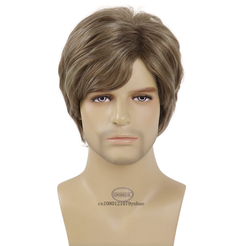 Short Wigs Synthetic Hair Straight Remy Brown Wig with Bangs for Men Male Guy High Temperature Fiber Daily Party Costume Casual