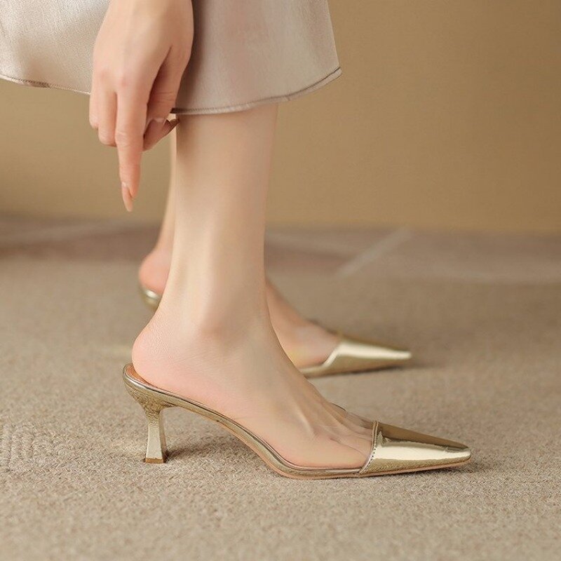 Złote srebrne szpilki PVC, modne i eleganckie damskie wąskie spiczaste kapcie na obcasie, 2023 nowe Zapatos Para Mujeres