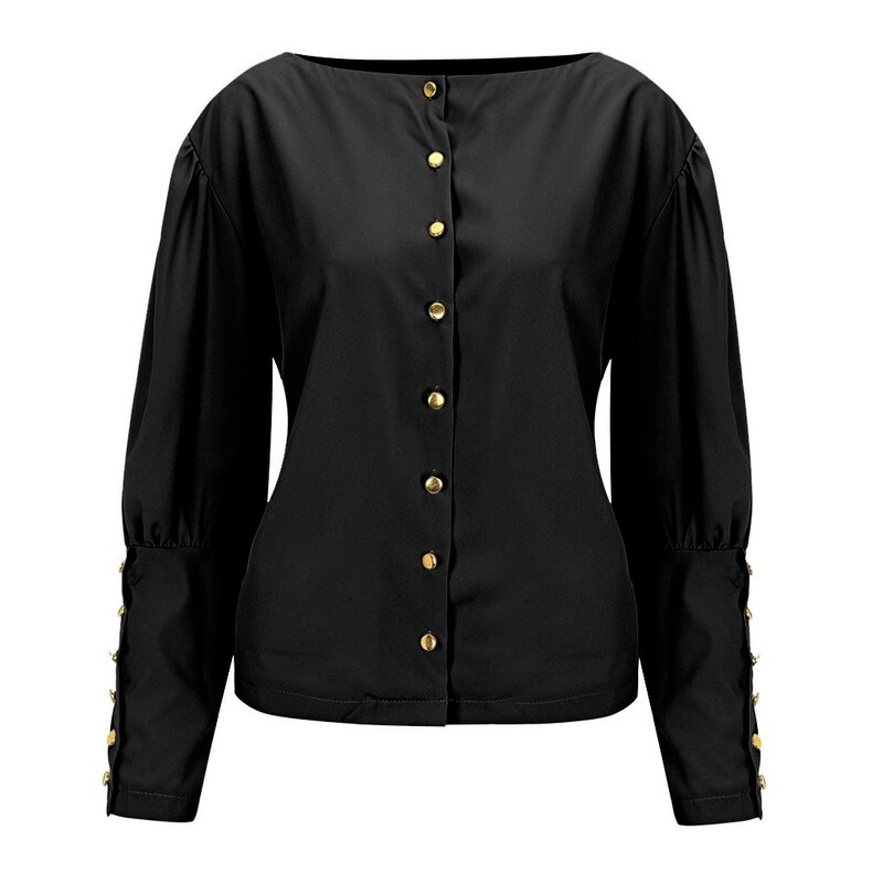 Women's Fashion Solid Color Round Neck Long Sleeves Metal Buckle Decoration Shirt Blouses Ladies Loose Temperament Tunic Tops