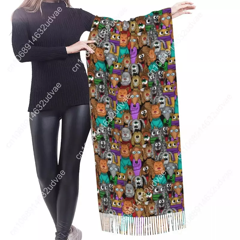 Comic Cartoon Cats And Dogs Scarf Winter Long Large Tassel Scarves Soft Wrap Pashmina