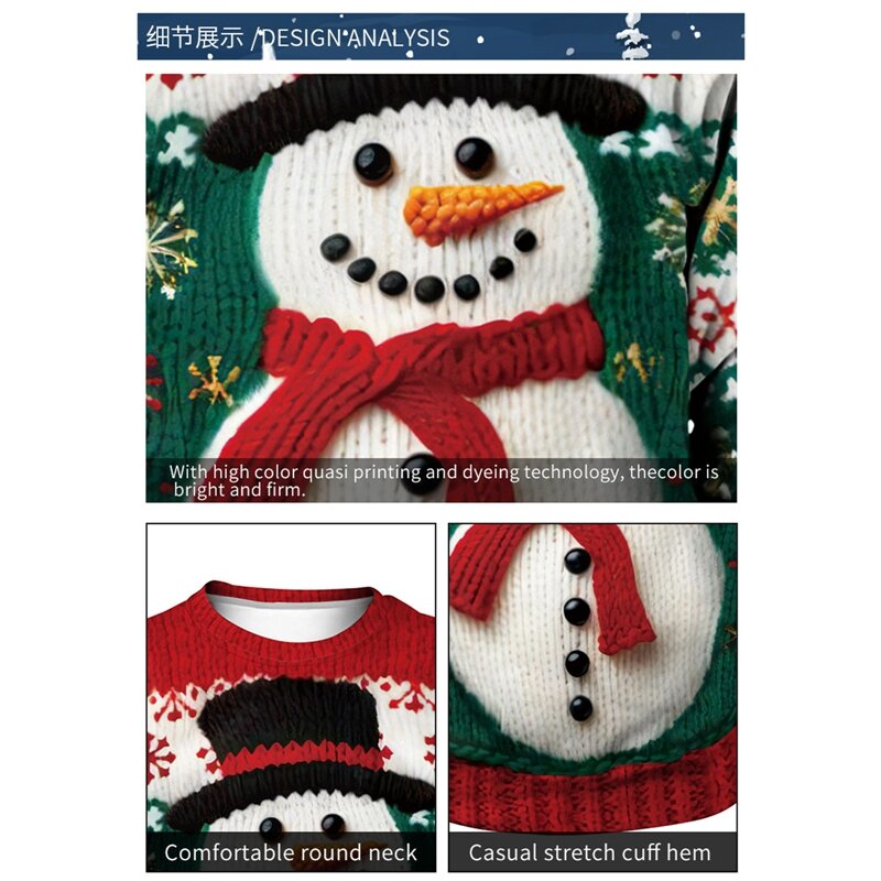 Camisola feminina 3D Digital Impresso Natal, boneco de neve, árvore, camisola de imitação padrão, pulôver inverno