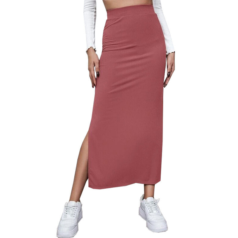 Rok wanita, rok panjang terbelah, warna murni, di dana baru musim gugur 2023