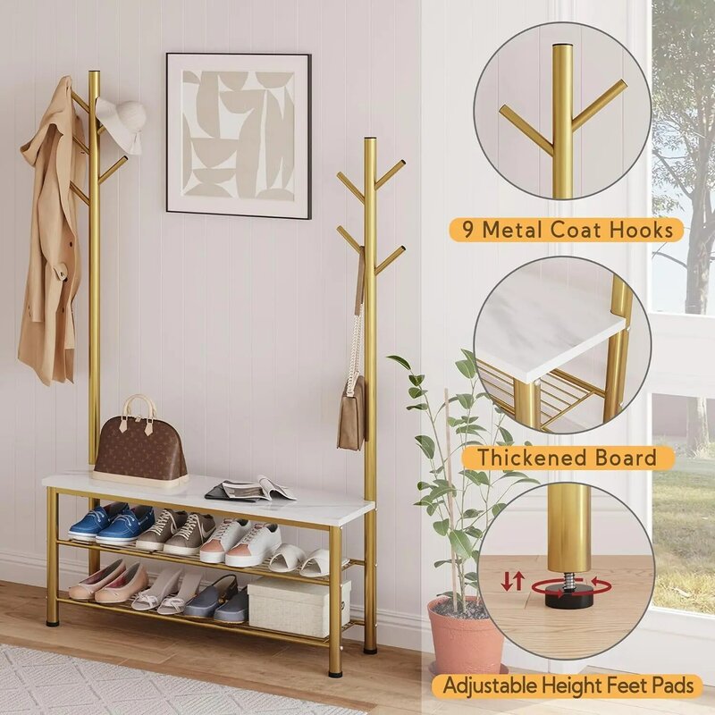 Ławka do butów Yusong z 2 hallowymi stojakami na drzewie, ławka przemysłowa do sypialni w korytarzu, deska z białego marmuru i złota rurka