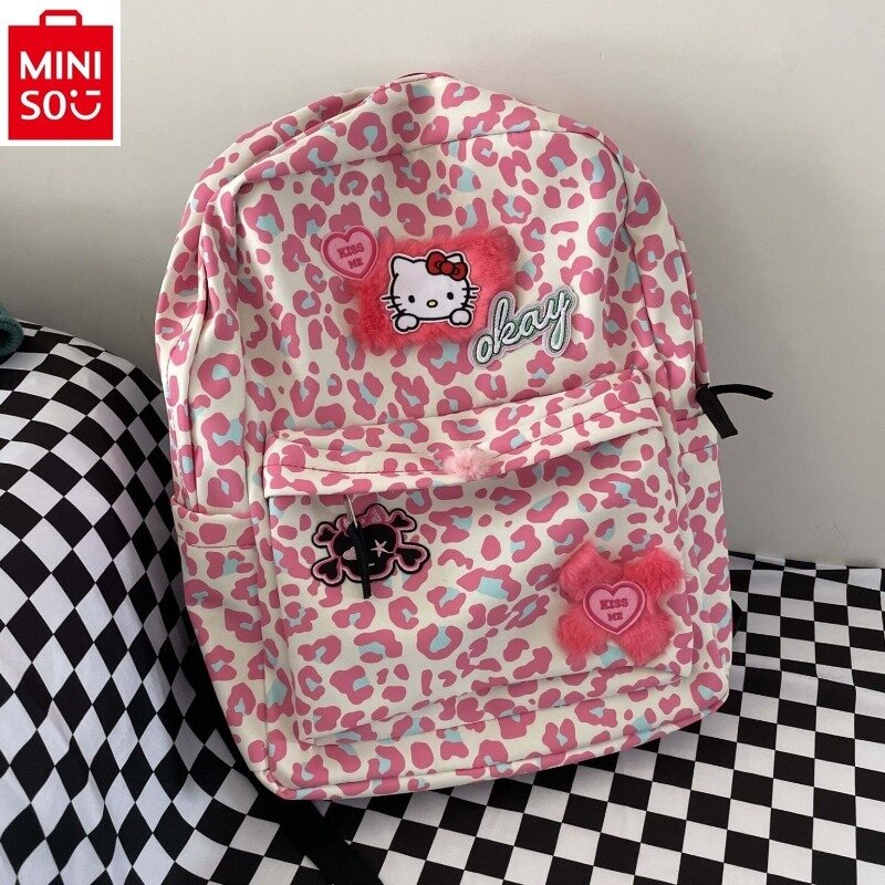 MINISO New Pink Leopard Print Kids Backpack Cartoon Anime Hello Kitty Zipper Student Casual Backpack