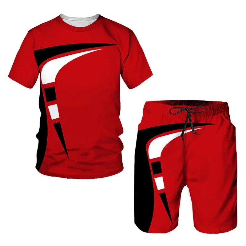 Casual men's suit 2 pieces, red and green Blueprints men's top shorts, summer casual fashion street wear men