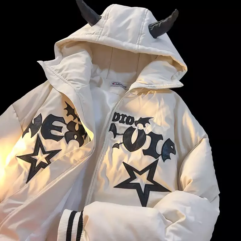 Demônio Harajuku casaco de algodão quente para casais mulheres, jaquetas de inverno de alta qualidade, moda Y2K à prova de vento, jaqueta retrô solta, nova, 2023