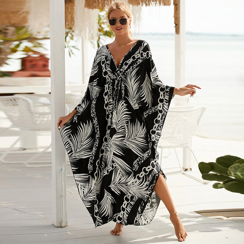 2023 Summer European American New Women Print Blouse Seaside Holiday Dress Loose Blouse Bikini Swimsuit Gown Outerwear Black W