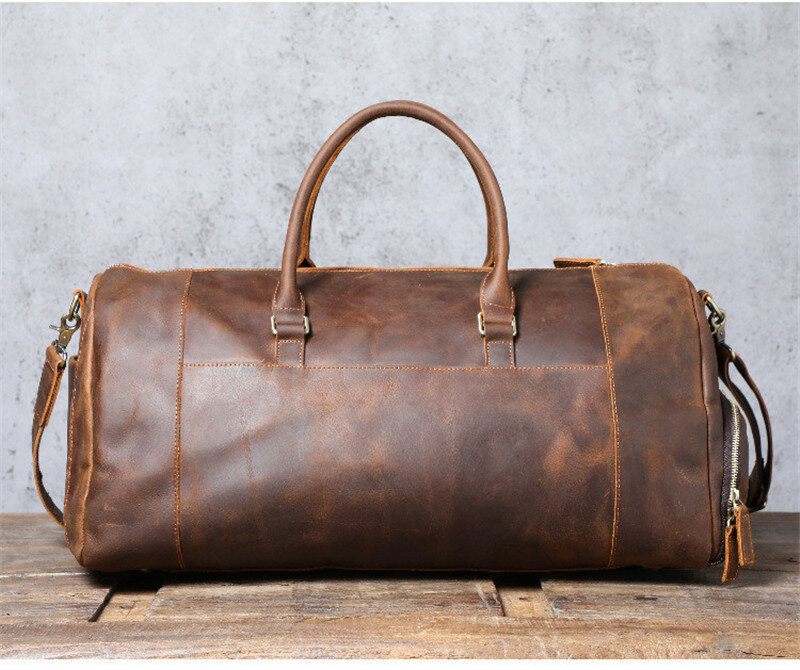 Vintage large capacity genuine leather travel bag natural crazy horse cowhide handbag duffel bag outdoor weekend luggage bag