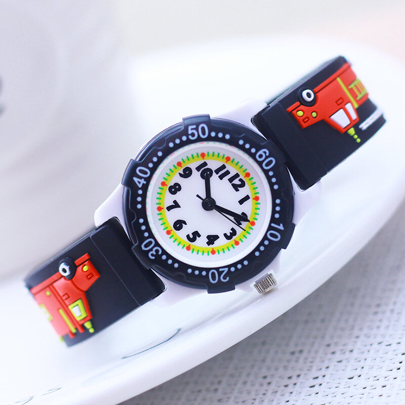 Relógio de pulso infantil 3D Fire Truck Cartoon, mostrador rotativo, pulseira macia de silicone, meninos, meninas, aniversário de crianças, presentes de Natal