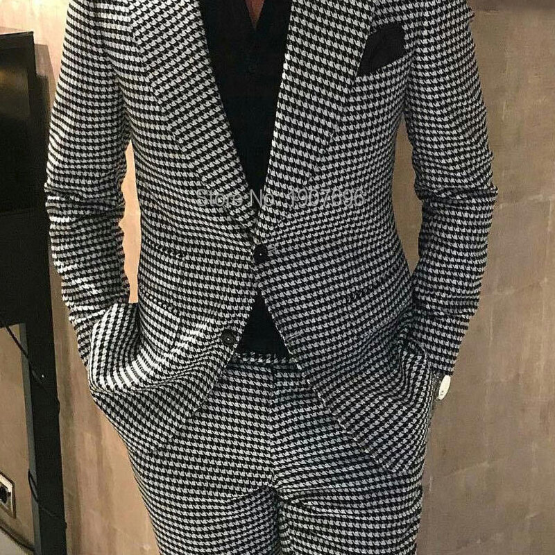 Plaid Men's Wedding Suit 2-piece Houndstooth Plaid Groom Tuxedo Men's Fashion Suit 2023 Clothing Suit Jacket with Trousers