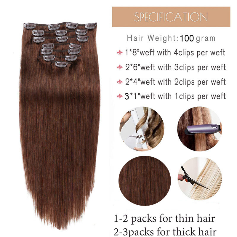 Straight Clip in Hair Extensions Human Hair 8PCS/Set with 17Clips Double Weft Clip in Human Hair Extensions Medium Brown 4#