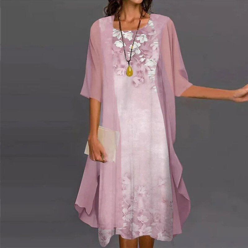 Summer Mid Dress Woman Fashion Elegant Long Sleeve Loose Printed Chiffon Dress Two Piece O Neck Irregular Dress Vestido Feminino
