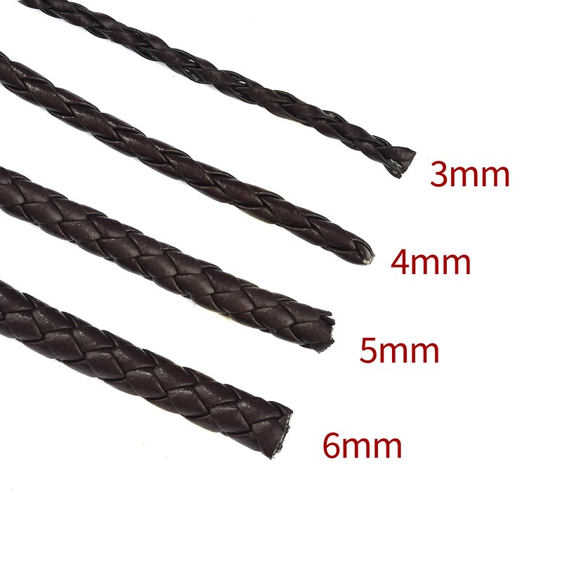 Cabos de couro genuíno trançados para fazer jóias, Handcraft String Cord, acessórios por atacado, 3mm, 4mm, 5mm, 6mm, 2 m