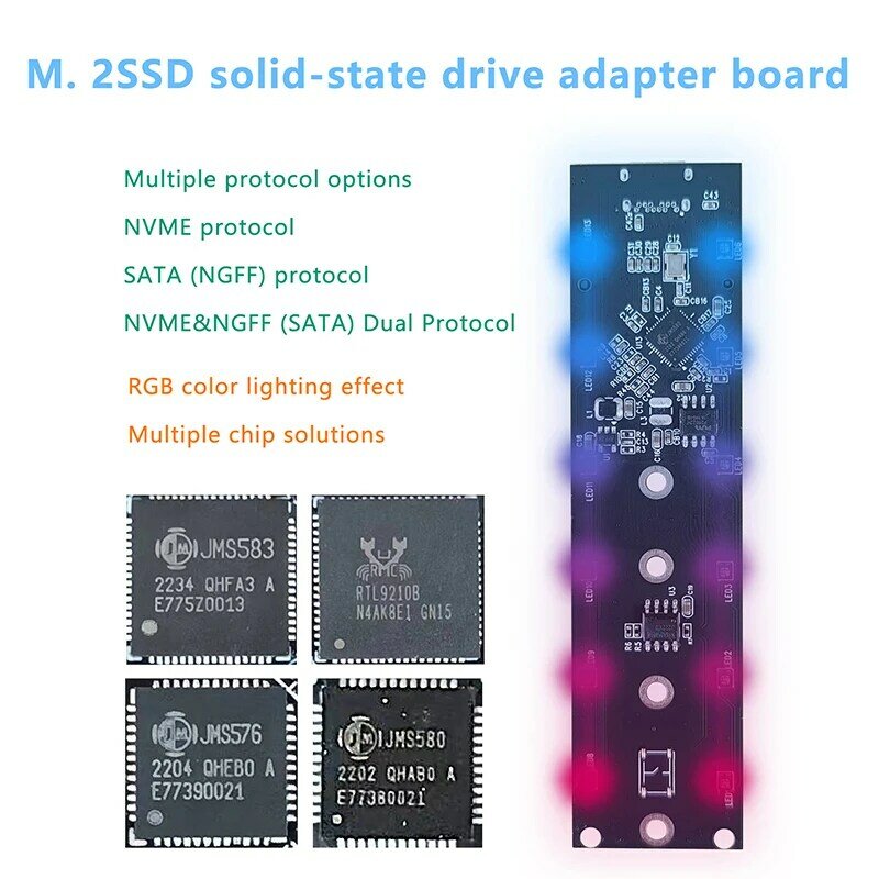 RGB M.2 SATA NGFF NVMe SSD 듀얼 프로토콜 SSD 케이스, 투명 USB C 타입, 6 Gbps, 10Gbps, M2 SSD, 투명 외장 인클로저, 하드 디스크 박스