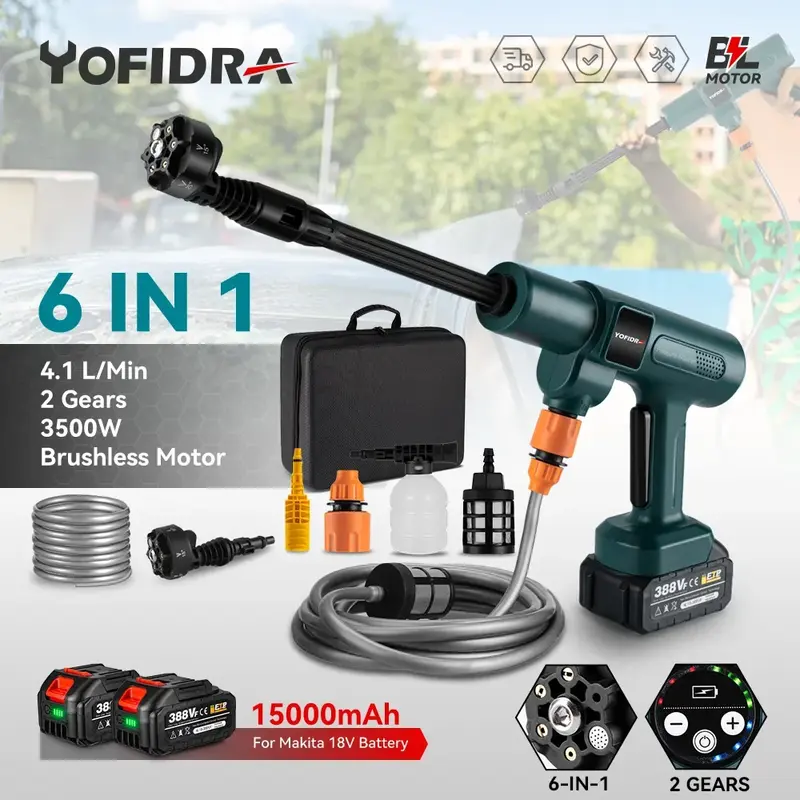 Yofidra-充電式ブラシレスウォッシャーガン,効率的な6 in 1,高圧洗浄,庭の灌漑,200bar