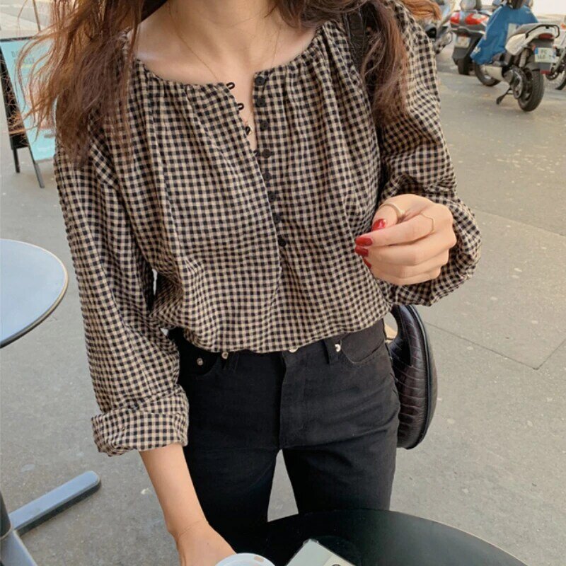 O-neck Shirts Women Korean Style Fashion Autumn Loose Tops Vintage Female Simple Button Ins Leisure All-match Commuter Popular