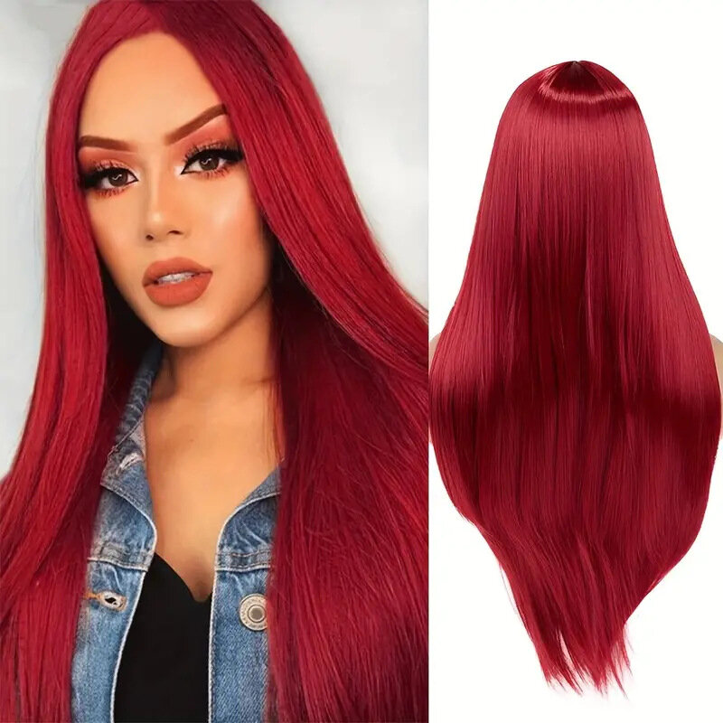 Peruki damskie długi czerwony 26 Cal odporne na ciepło włosy syntetyczne peruka naturalna bezklejowa peruka Cosplay dla dziewcząt do codziennego użytku