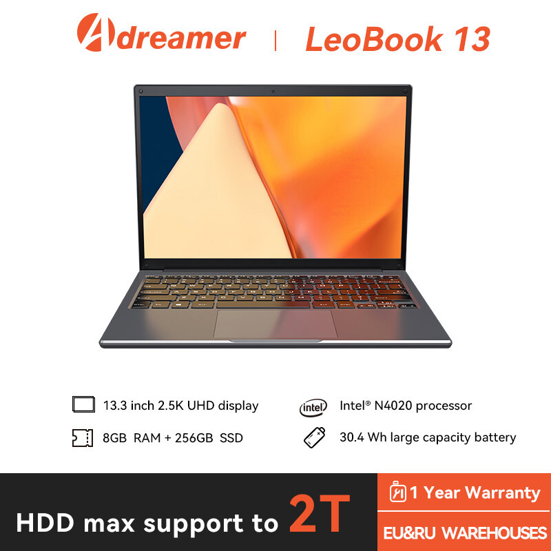Adreamer LeoBook13 komputer portabel, Laptop 8GB RAM 1TB SSD 13.3 inci Intel Notebook resolusi 2560X1600 Celeron N4020