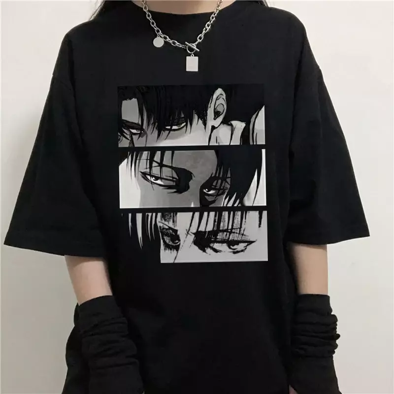 Cartoon koszulka damska atak japońskie Anime na Titan Levi · luźna gotycka koszulka Unisex z krótkim rękawem w stylu punkowy Top typu Ackerman