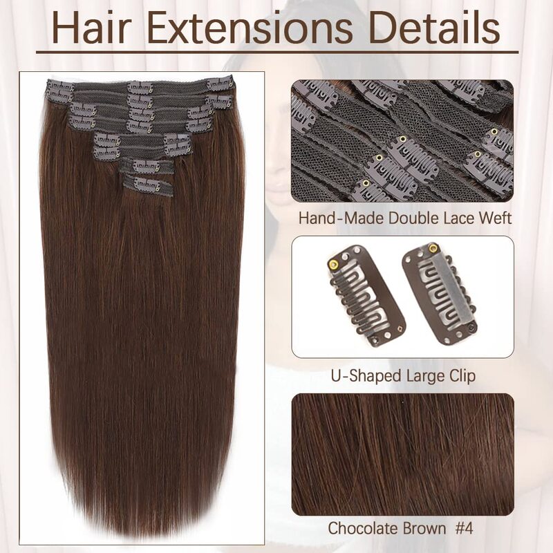 Grampo em extensões de cabelo para mulheres, cabelo humano real, cor marrom chocolate #4, 8pcs