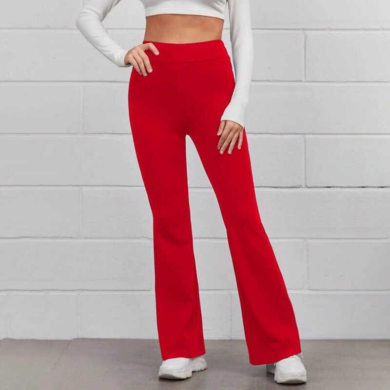 Celana panjang kasual wanita, celana panjang Yoga olahraga klakson kasual pinggang tinggi elastis sederhana warna polos untuk perempuan