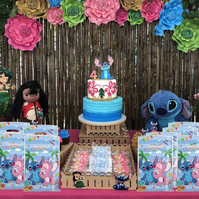 Disney-Sacs à faveurs de fête CAN o & Stitch pour enfants, point bleu, ange rose, sac cadeau Goodie, garçon, fille, décorations de fête d'anniversaire, plastique