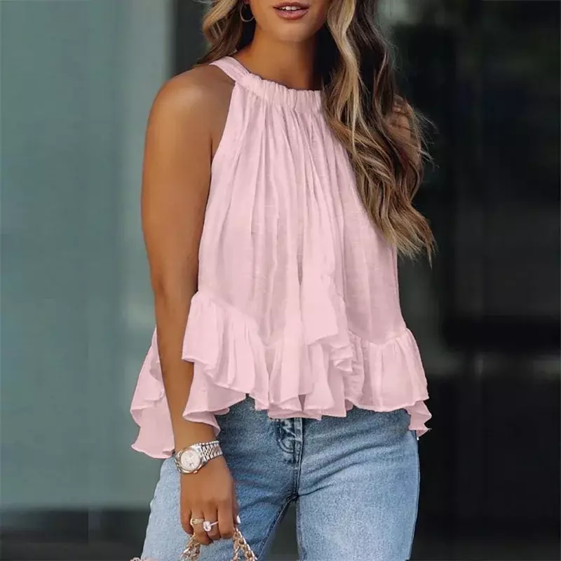 2023 Elegant Sleeveless Womens Tops Blouses Vintage Solid Ruffles Summer Boho Beach Shirts Loose Casual Sexy Halterneck Shirt
