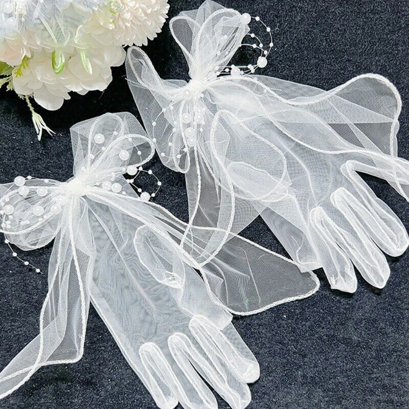 ถุงมือแต่งงานไข่มุกถุงมือสั้นเจ้าสาวอุปกรณ์เสริมผมสีขาว Sheer ถุงมือ HXBA