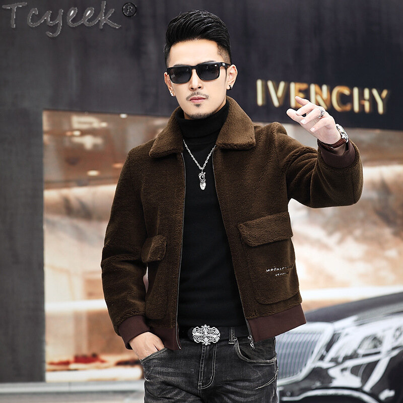 Tcyeek 100% Wool Jacket Winter Jackets for Men 2023 Streetwear Fashion Men's Sheep Shearing Coats Slim Fit Wool Coat Short Style