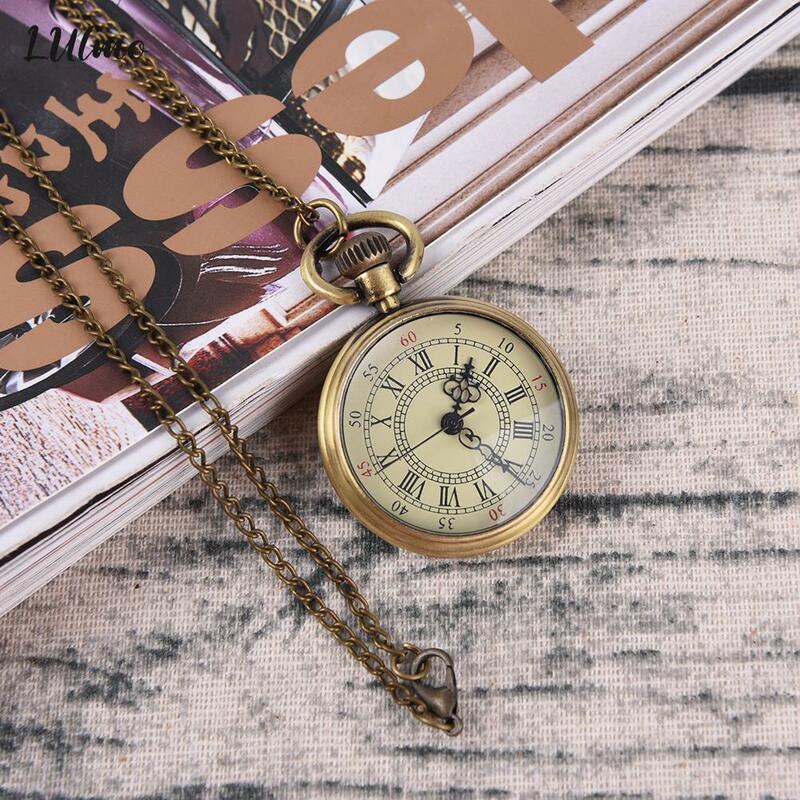 1Set Simple Vintage Style Steampunk Beige Dial Roman Numbers Small Pocket Watch Necklace Pendant