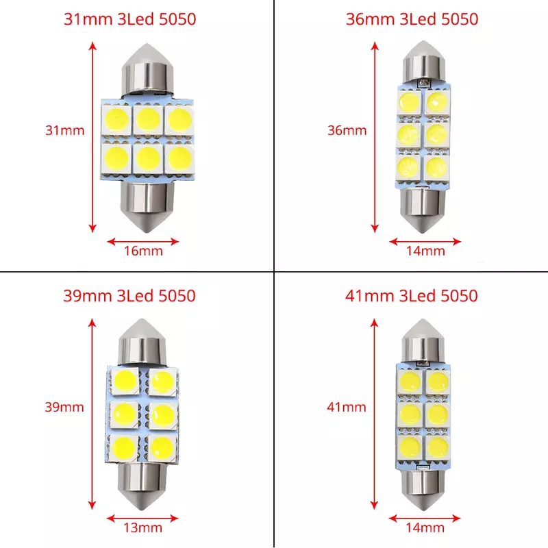 Lampe LED blanche intérieure pour porte et bagage, ampoule de lecture, feston breton, lampe de porte, 10X T10, 5050, 6LED, DC 12V, 31mm, 36mm, 39mm, 41mm, C5w, C10w