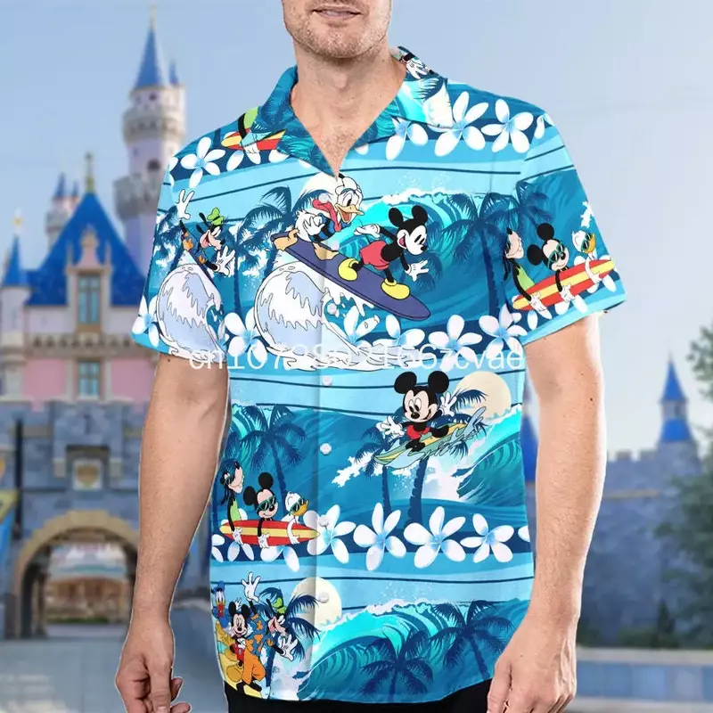 디즈니 랜드 캐스터어웨이 하와이안 셔츠, 디즈니 미키 비치 단추 다운 셔츠, 여름 패션, 2024 신상