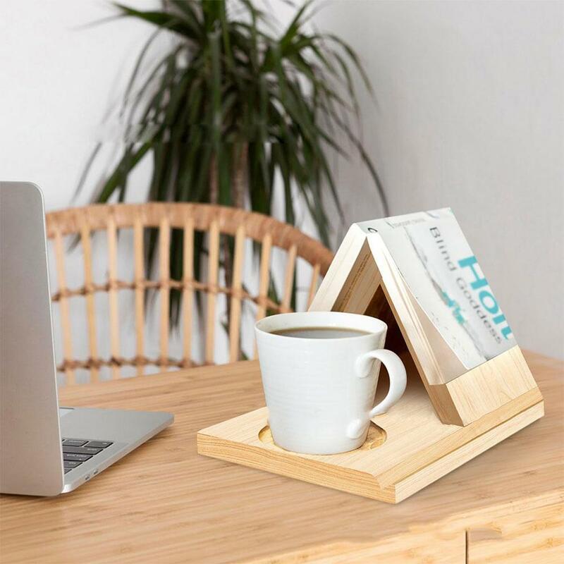 Wooden Book Holder Small Triangle Bookshelf with Cup Holder Mini Wood Short Book Rest Simple Bookcase Centerpiece