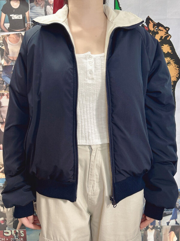 Jaket katun wanita, kerah berdiri dua sisi Vintage jaket katun kasual Solid longgar pakaian luar Streetwear Chic Harajuku Musim Dingin atasan