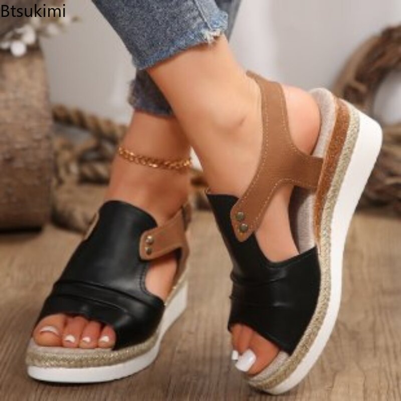 2024 damskie odkryte palce i pięta romskie sandały modne jedno słowo klamra patchworkowa gruba podeszwa na koturnie damskie letnie nowe casualowe buty