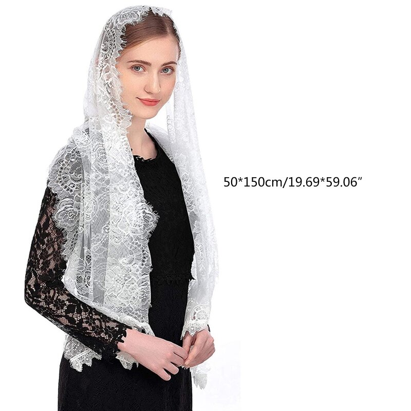 X7YC Lace Mantilla Veil Soft and Comfortable 2 Colors Black and White Spanish Style Rose Lace Veil Head Covering Wraps
