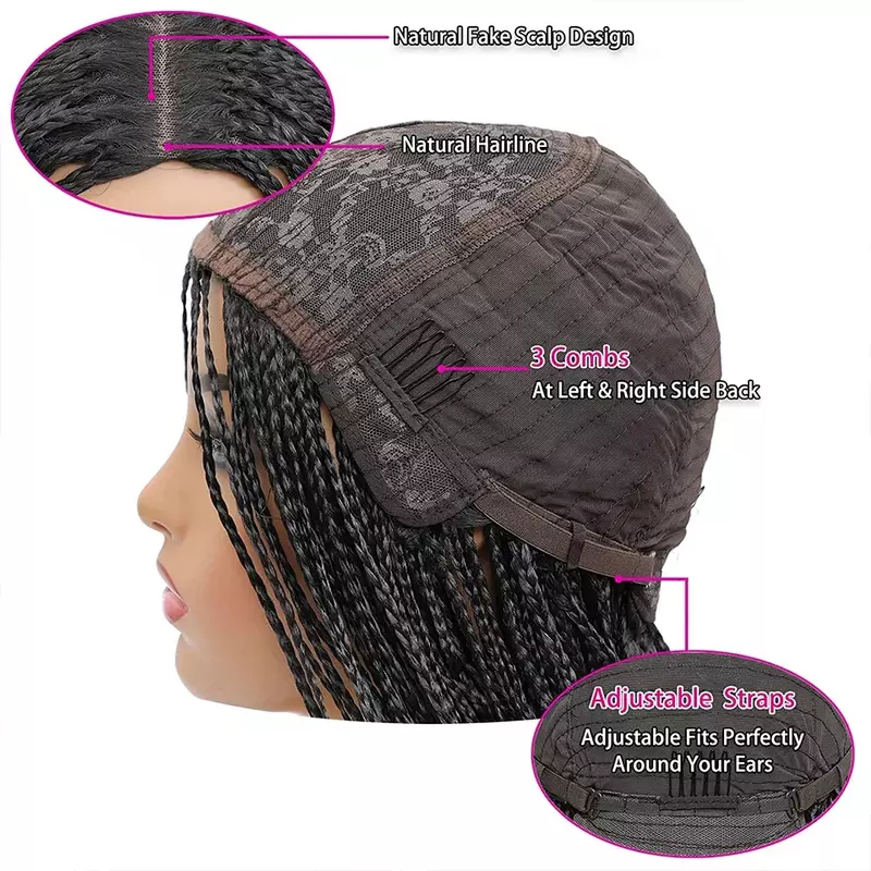 Wig kepang rambut sintetis Wig kepang lurus panjang untuk wanita hitam mesin penuh dibuat kepang putar Wig rambut kepang